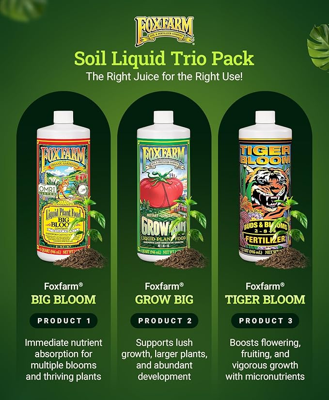 FoxFarm Fertilizer Soil Trio Liquid Nutrient: Tiger Bloom, Grow Big, Big Bloom Quart Bottles - (Pack of 3-32 oz)