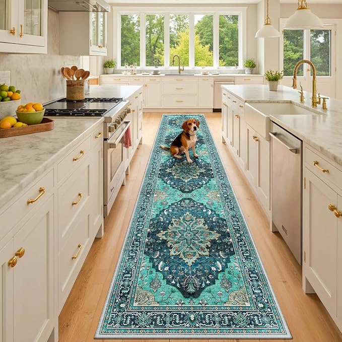 Area Rugs 3'x10' Washable Non-Slip, Floral Vintage Distress Print Pattern Medallion Carpet for Living Room Bedroom Dining Room, Teal Green Lake Blue Turquoise