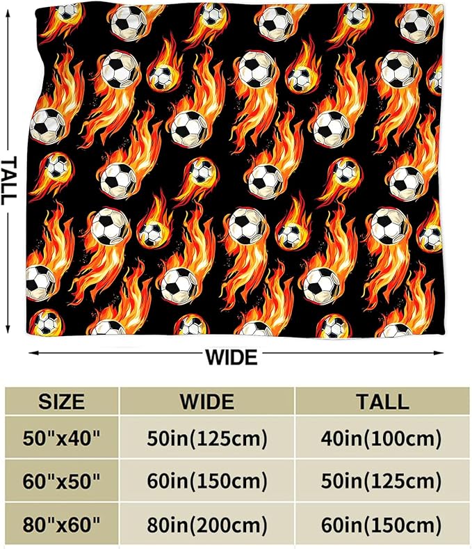 Soccer Blanket Gifts for Boys Girls Soft Warm Plush Soccer Fire Throw Blanket Flannel Fleece Fuzzy Sports Blanket for Kids Lovers Bed Couch Living Room Decor 80"X60"
