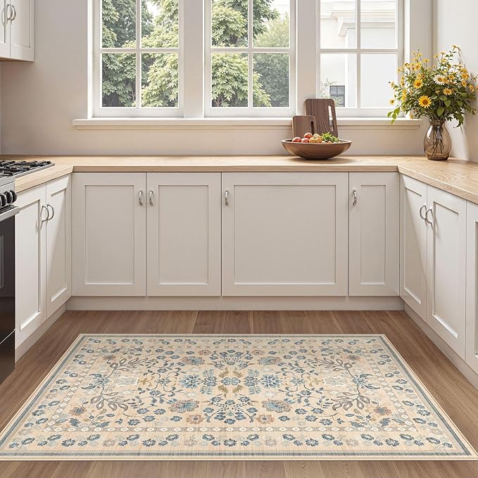 3x5 Area Rug Living Room Rugs - Washable Boho Vintage Floral Large Soft Non Slip Thin Rug Low Pile Carpet for Bedroom Dining Room Kids Playroom Office Decor Indoor- Multi Color