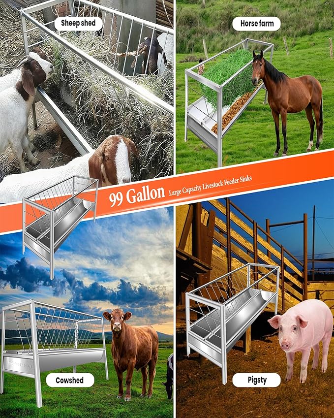 99 Gallon Pasture Hay Feeder, 2 in 1 Stainless Steel Goat Hay Feeder with Deeper Feeding Pan for Goat Sheep Horse, Detachable Livestock Feeder Ease of Assembly in Farm Outdoor, Silver