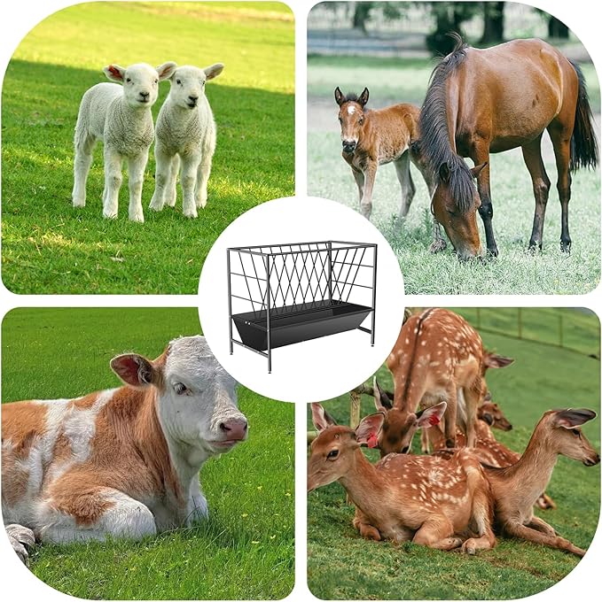 Pasture Hay Feeder 69 Gallon, Livestock 2 in 1 Hay and Grain Feeder, Heavy-Duty Galvanized Metal Goat Feeder with 2 Trays, Pasture Feeder for Goat, Sheep, Foal, Sheep