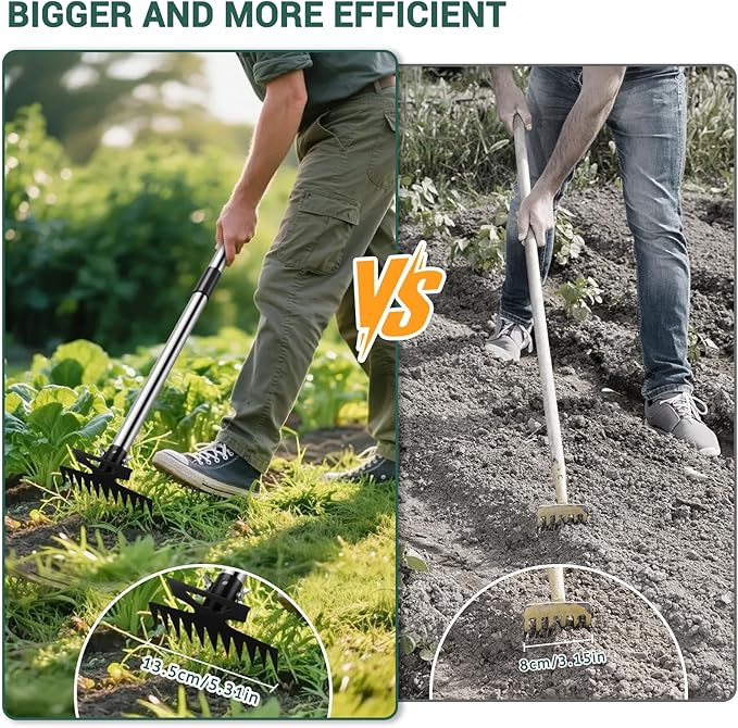 Weed Puller Tool with Long Handle, 11 Tooth Weed Remover Tool, 2 in 1 Weed Rake and Garden Hoe for Weeding, Weeder Tool with Detachable Handle, Uprooting Weeding Tool for Yard, Lawn, Patio,Garden