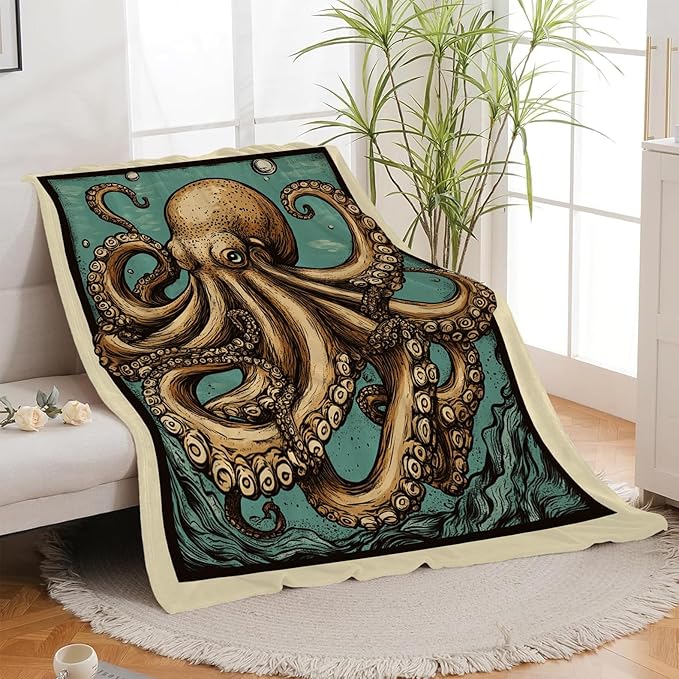 Octopus Blanket, Ocean Octopus Throw Blanket, Nautical Marine Gifts Blankets Stuff Fleece Flannel Plush for Girls Women Men Boys Lovers Adults Soft Bedding Gift for Sofa Bed Office Home Decor 60"x50"
