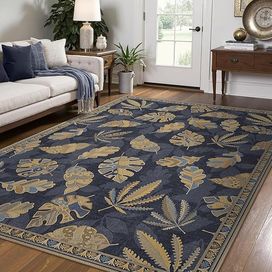 GENIMO 6x9 Area Rugs for Living Room, Machine Washable Non Slip Rugs, Low Pile Lightweight Print Rug for Bedroom, Dining Room, Home Office, Leafy Twilight