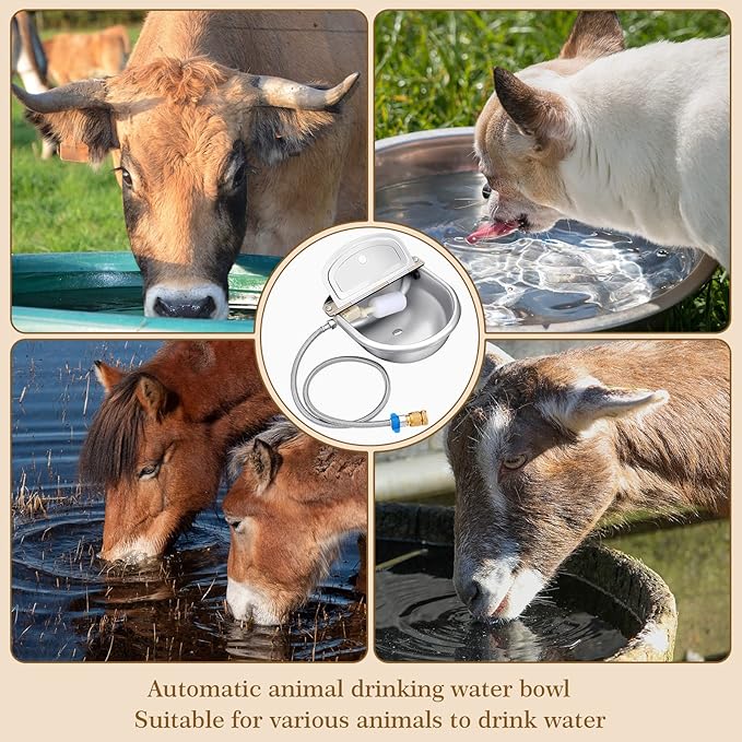 Bokon 2 Sets Automatic Animal Drinking Water Bowl, 304 Stainless Steel Waterer for Dog Cattle Goat Pig, Livestock Water Trough Dispenser with Pipe Hose, 4 Float Valves, Quick Connecter, Expansion Bolt