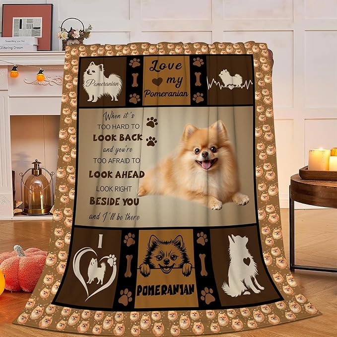Pomeranian Blanket, Pomeranian Dog Throw Blanket, Puppy Dog Gifts Blankets Stuff Fleece Flannel Plush for Girls Women Lovers Adults Soft Bedding Gift for Sofa Bed Office Home Decor 60"x50"