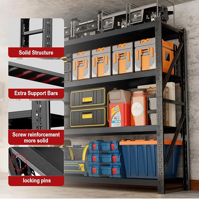 4000LBS Garage Shelving Heavy Duty, 48” W Storage Shelves, 4-Tier Adjustable Metal Storage Shelves, Steel Industrial Shelving Unit, Metal Shelving for Garage, Basement, Warehouse(Black, 47.3x20x79in)
