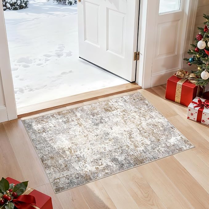 2x3 Entryway Area Rug: Washable Neutral Modern Abstract Small Rug - Non-Slip Low Pile Throw Indoor Carpet for Entrance Kitchen Front Door Mat Bathroom Entry Kids Room - Brown Grey