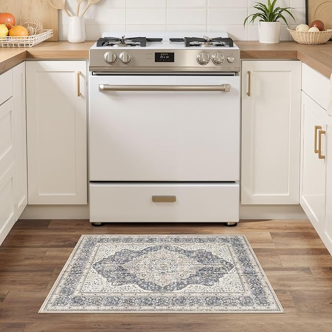 2x3 Washable Entryway Rug: Non-Slip Soft Indoor Throw Small Vintage Floral Area Rug for Kitchen Bedroom, Low Pile Durable Carpet for Front Door Porch Floor Doormat Home Decor (Blue/Beige)