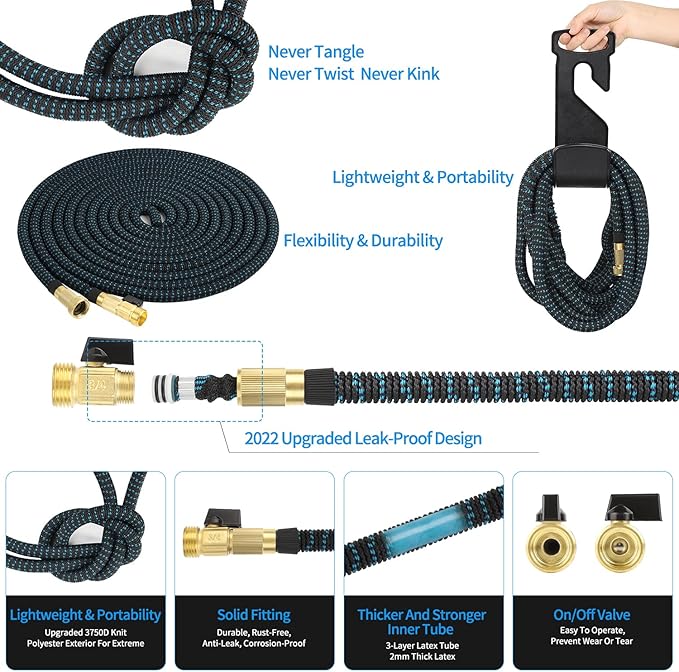 50 ft Expandable Garden Hose - All New 2025 Retractable Water Hose with 3/4" Solid Brass Fittings, Extra Strength Fabric,4-Layer Latex Core - Flexible Expanding Hoses with 10 Pattern Spray Nozzle