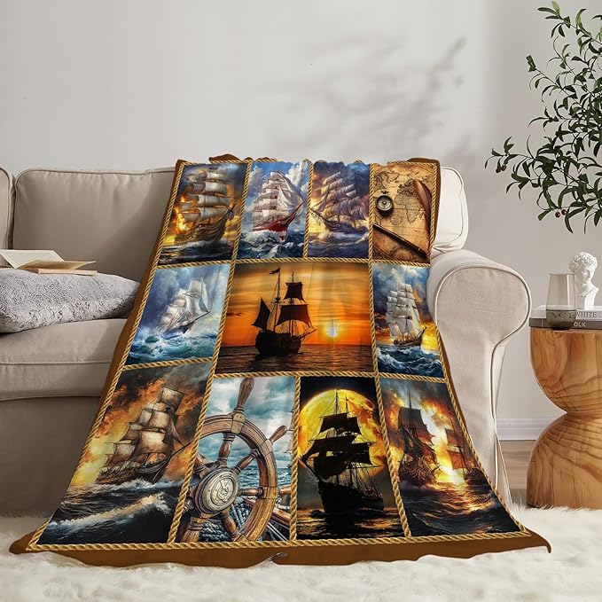 Nautical Throw Blanket Ultra Soft Cozy Navigation Sailboat Blanket Fleece Fuzzy Plush Nautical Lovers Decor Gifts for Women Girls Adults Couch Sofa 60"x50"