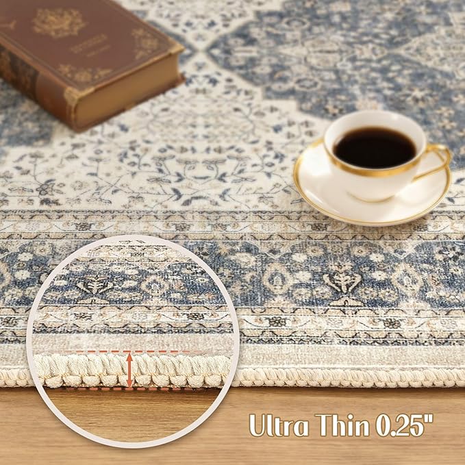 Washable Rug 3x8 Hallway Runner Rug-for Entryway Bedroom Kitchen Room Corridor Decor -Stain & Fade Resistant Non Slip Backing Carpet,Ultra-Thin Vintage Long Carpets(Blue/Beige)