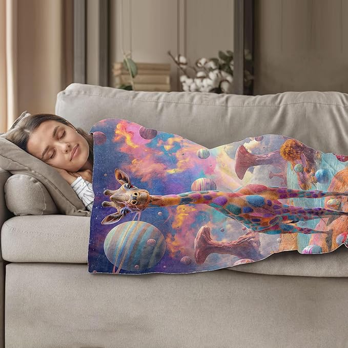 Colorful Giraffe in Space Pattern Throw Blanket 60"x80", Whimsical Animal Lover Blankets for Bedroom Giraffe Decor, Soft Flannel Polyester Gifts for Kids Women