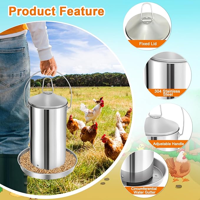 RYFT Automatic Chicken Feeder 3KG/6.6lbs, Stainless Steel Poultry Feeder, Heavy Duty Thickness 0.035 in / 0.9 mm, with Handle, Top Filled, Durable and Rust Resistant
