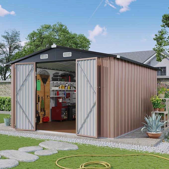Aoxun 10x12 Shed with Brown Floor Galvanized Steel Outdoor Storage Shed Metal Garden Shed with Moisture-Proof Floor & Ventilation, Sloped Roof for Bike/Generator/Tool Storage (Brown Floor Included)