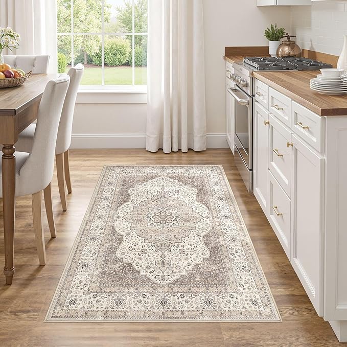 3x5 Washable Entryway Rug: Non-Slip Soft Indoor Throw Area Rug for Living Room Bedroom Kitchen, Boho Floral Distressed Durable Carpet for Hallway Bathroom Laundry Home Decor (Brown/Beige)