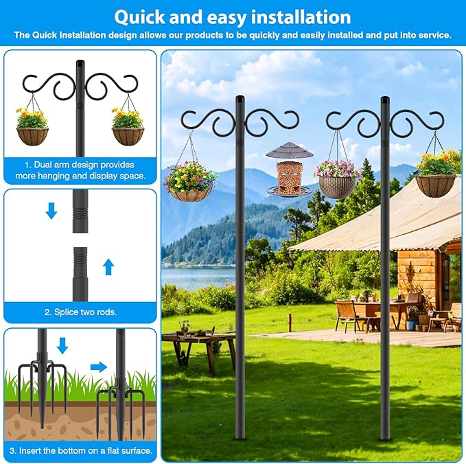 Adjustable Shepherd Hooks for Outdoor,2 Pack 70 Inch 5 Prong Base Bird Two Sided Feeder Poles,Heavy Duty Shepherds Hook,Suitable for Garden in Hanging Flower Basket,Lantern,Bird Nests