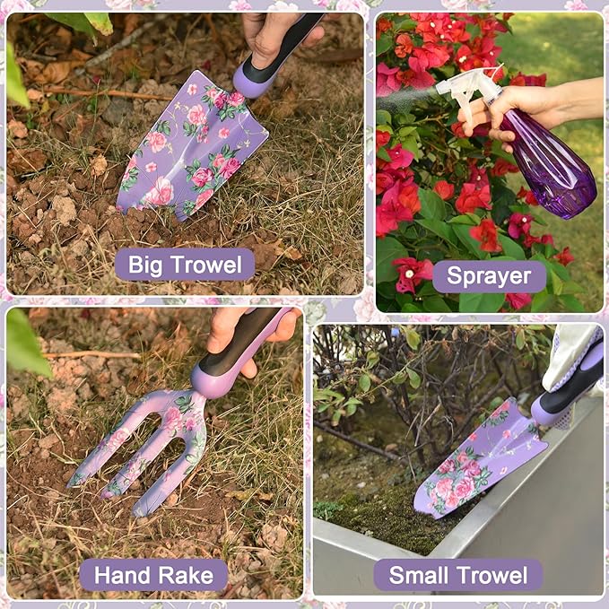 Gardening Tools, WisaKey 10 Piece Heavy Duty Purple Garden Tool Set Durable Garden Supplies Organizer Bag Garden Hand Tools Gardening for Women Grandmother Granny White Elephant Gifts