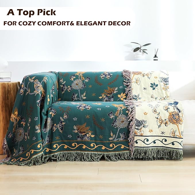 Boho 100% Organic Cotton Muslin Large Throw Blanket 60" x 80" - All Season Rustic Ultra Soft Breathable Floral Bird Blanket for Bed Sofa Couch Chair Bedspread Quilt Gift,-Teal,Beige