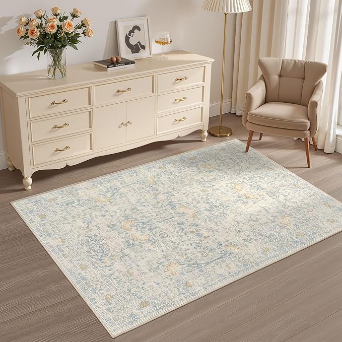 3x5 Area Rug Living Room Rugs - Washable Boho Vintage Floral Large Soft Non Slip Thin Rug Low Pile Carpet for Bedroom Dining Room Kids Playroom Office Decor Indoor- Light Blue