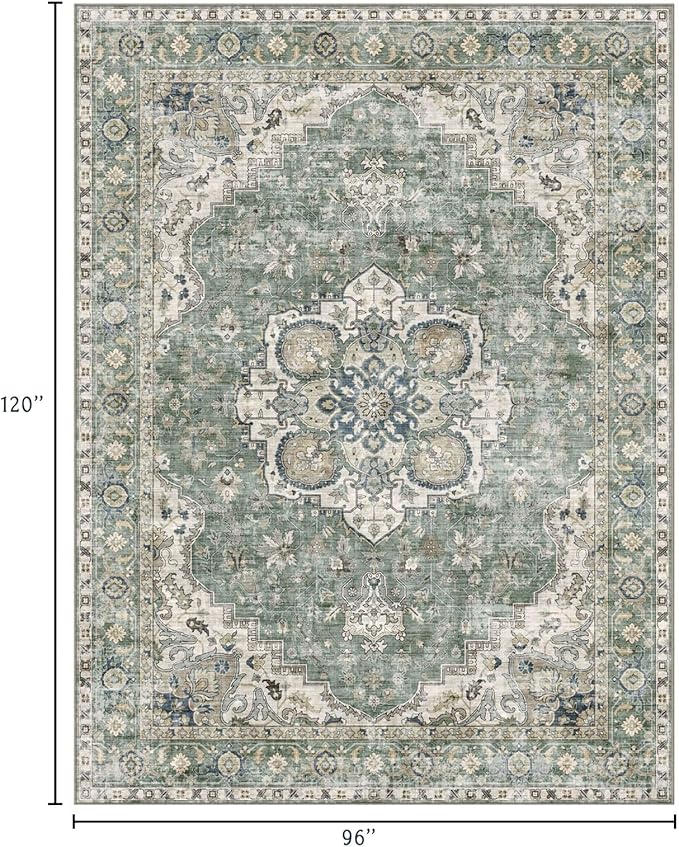 Washable Area Rug 8x10 - Large Sage Green Boho Rugs for Living Room Soft Vintage Bedroom Rug Ultra-Thin Farmhouse Oriental Distressed Carpet Non Slip Rug for Dining Room Guest Room Home Decor