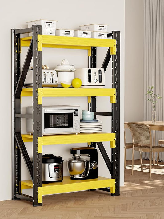 4-Tier Storage Shelves,79" H Heavy-Duty Garage Shelving Unit,Adjustable Industrial Metal Shelf System,4,000lbs Capacity,Tool Organizer for Garage,Workshop,48" W*24" D*79" H,Black&Yellow