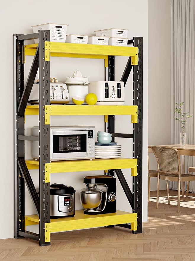 4-Tier Storage Shelves,79" H Heavy-Duty Garage Shelving Unit,Adjustable Industrial Metal Shelf System,4,000lbs Capacity,Tool Organizer for Garage,Workshop,48" W*20" D*79" H,Black&Yellow