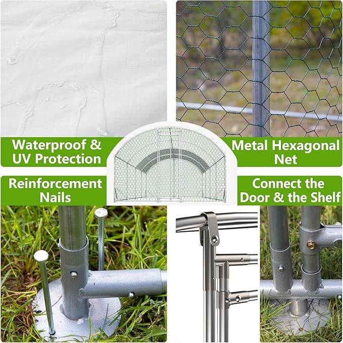 Large Metal Chicken Coop, Walk-in Chicken Run Cages with Waterproof and Anti-Ultraviolet Cover for Outside(10' L x 26 W x 6.56' H) Dome Top