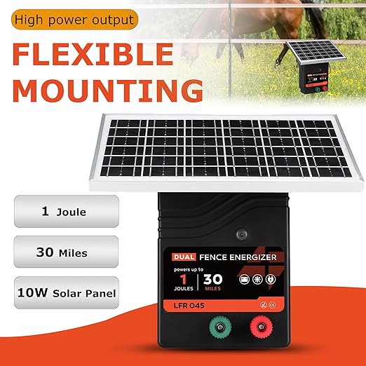 30 Miles Solar Electric Fence Charger, 1 Joule Portable Solar Fence Charger, Solar Electric Fence Kit, with 10W Solar Panel for Livestock, Preventing Predators from Intruding
