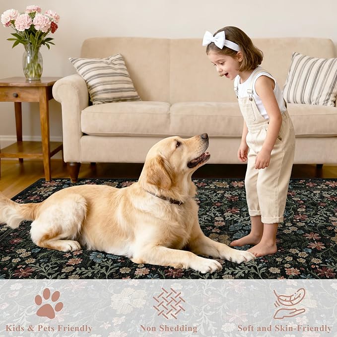 DUKINO 5x7 Area Rugs, Floral Washable Rugs for Bedroom with Non Slip Backing, Vintage Low Pile Indoor Floor Carpets for Bedroom, Living Room, Farmhouse, Home Office, Dining Room, Black
