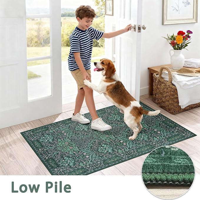 Washable Area Rug 9x12 Living Room Rug,Dark Green Rug for Dining Room Entryway Bedroom Farmhouse Nursery Home Office,Low Pile Stain & Slip Resistant Large Carpet for Bedroom