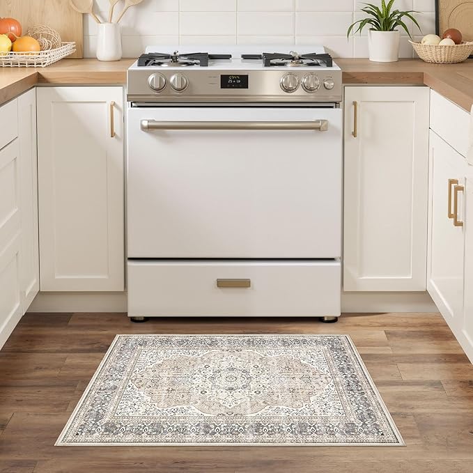 2x3 Washable Entryway Rug: Non-Slip Soft Indoor Throw Small Vintage Floral Area Rug for Kitchen Bedroom, Low Pile Durable Carpet for Front Door Porch Floor Doormat Home Decor (Camel/Beige)