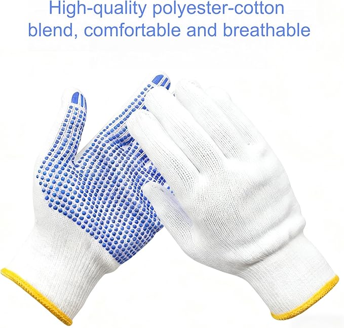 Qugzegx 12 Pairs Cotton Polyester Knitted Gloves, Safety Work Gloves For Painter Mechanic Warehouse Construction Men and Women, Anti-slip Dots, Medium Size