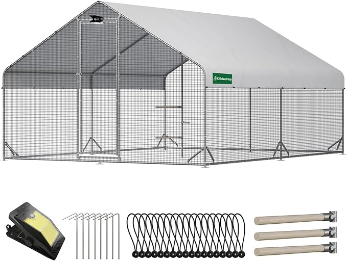 Large Chicken Coop with Chicken Run & Hardware Cloth, Solar Light, Waterproof & UV-Resistant Cover, Outdoor Poultry Cage for Farm Use,2 Room
