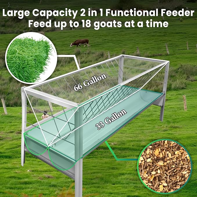 99 Gallon Pasture Hay Feeder, 2 in 1 Galvanised Steel Goat Hay Feeder with Deeper Feeding Pan for Goat Sheep Horse, Detachable Livestock Feeder Ease of Assembly in Farm Outdoor, Silver