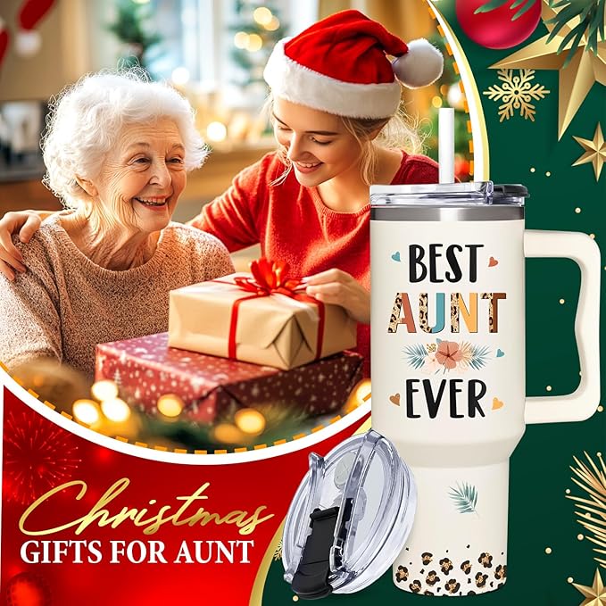 Mothers Day, Christmas, Birthday, Gift for Auntie, Aunts - Gifts for Aunt, Auntie - Aunt Gifts from Niece, Nephew - Gift for New Aunts - 40oz Tumbler With Handle & Straw