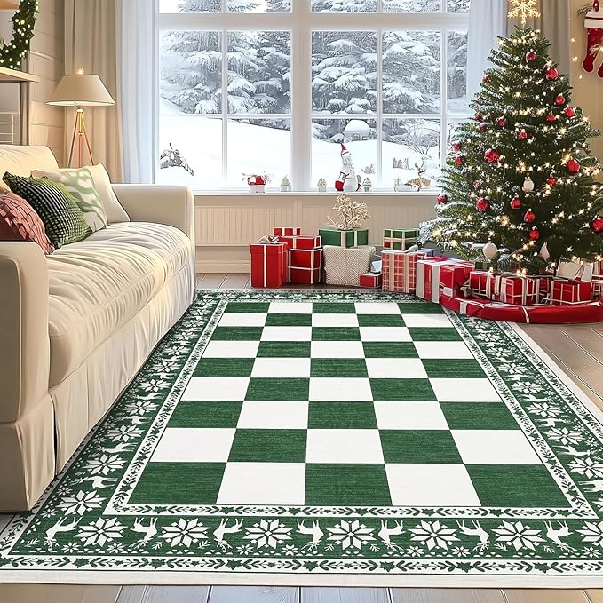 GarveeHome Green 5x7 Area Rugs for Living Room, Washable Rug for Christmas Decor, Indoor Non Slip Carpet, Checkered Soft Low Pile Christmas Rug for Bedroom, Dining Room