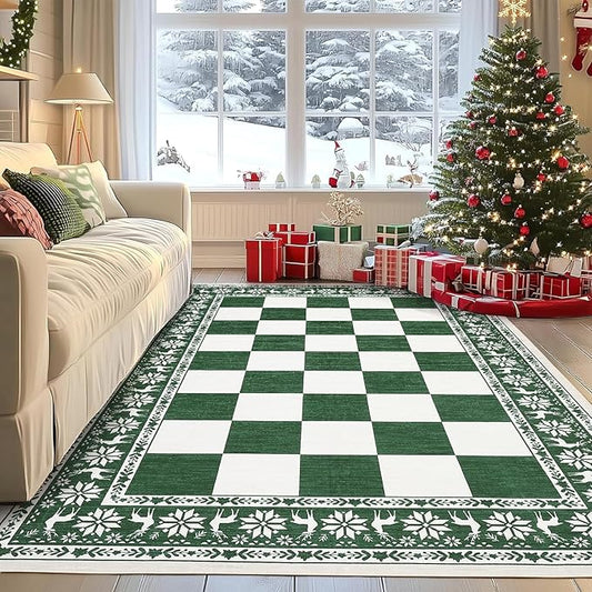 GarveeHome Green 5x7 Area Rugs for Living Room, Washable Rug for Christmas Decor, Indoor Non Slip Carpet, Checkered Soft Low Pile Christmas Rug for Bedroom, Dining Room
