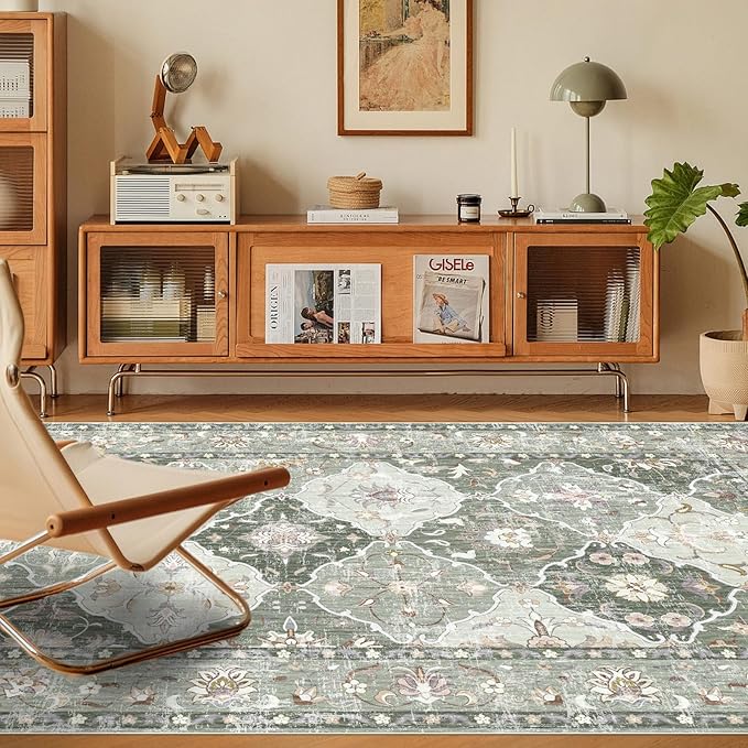 Boho Vintage Area Rugs 4×6 Washable Non-Slip Traditional Green Area Rug for Living Room Bedroom Dining Room and Kitchen
