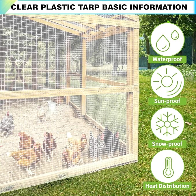 25Ft x 35Ft Clear Greenhouse Plastic Covering, 16Mil Thickness Heavy Duty Clear tarp for Chicken coop, Greenhouse Plastic sheeting with Hemmed Edges & preinstalled Grommets.