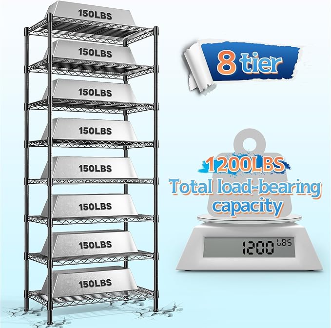 8 Tier Wire Shelving Rack Storage Shelves Loads1200LBS,Adjustable Metal Shelving Unit and Metal Shelf Pantry Shelves Industrial Shelving for Commercial Kitchen Office 72H X 13.8D X 23.6W