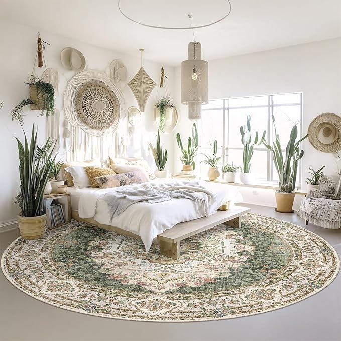 Green Round Rug 9ft,Large Circle Area Rugs for Bedroom Living Room Dining Room,Washable Boho Vintage Bohemian Distressed Oriental Carpet Non Slip,Sage Floral