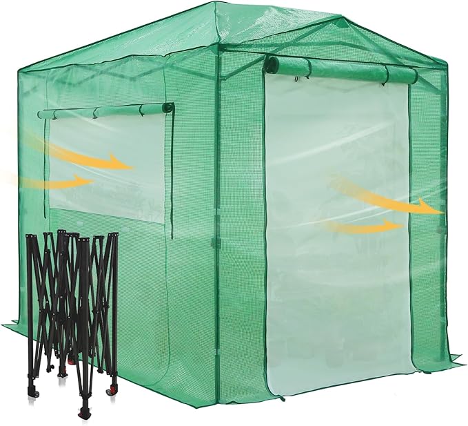 EAGLE PEAK 8x6 Portable Walk-in Greenhouse Instant Pop-up Indoor Outdoor Plant Gardening Green House Canopy with Dual Roll-up Zipper PE Door & Upgraded Screen Mesh Door, PE Cover, Green/Clear