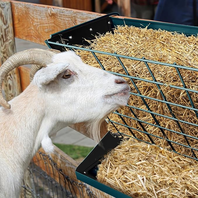 Wall Mount Hay Rack, Heavy-Duty Galvanized Metal 2 in 1 Hay and Grain Feeder, Livestock Feeder with Adjustable Distance, Hay Feeder for Goats, Sheep, Horse