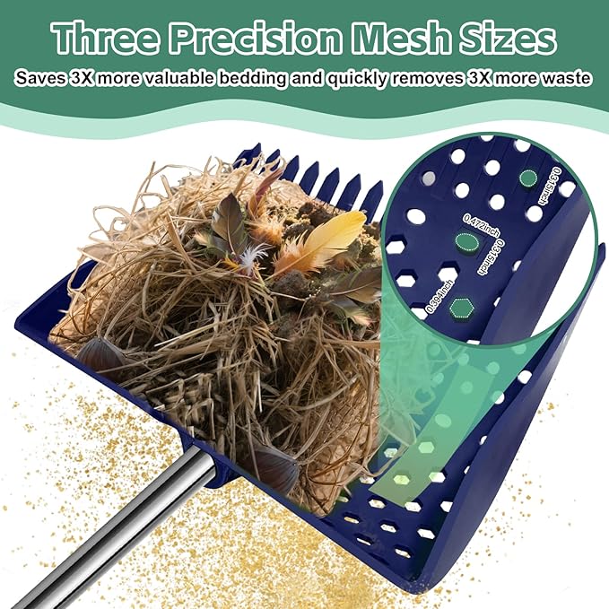 US Patent Pending 12-Inch 2-in-1 Chicken Poop Scooper & Rake,3-Shape Sifting Holes Chicken Coop Rake，Stainless Steel Handle （20–61"）– Litter Scooper & Sand Sifting Shovel for Chicken Coops（Blue）