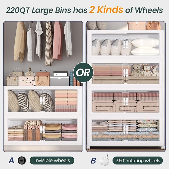 165Gal Stackable Storage Bins with Lid, 660Qt Extra Large Collapsible Storage Box with Doors and Wheels, Plastic Closet Organizer and Storage Cabinet Drawer for Home Kitchen, 3Pack White