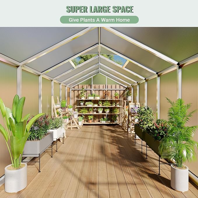 Greenhouse, 8x12 Ft Outdoor Greenhouses, Accessible Green House with Roof Vents and Sliding Doors, Aluminum Frame Polycarbonate Greenhouses, Large Greenhouse for Outdoor Gardens and Backyards, Silver