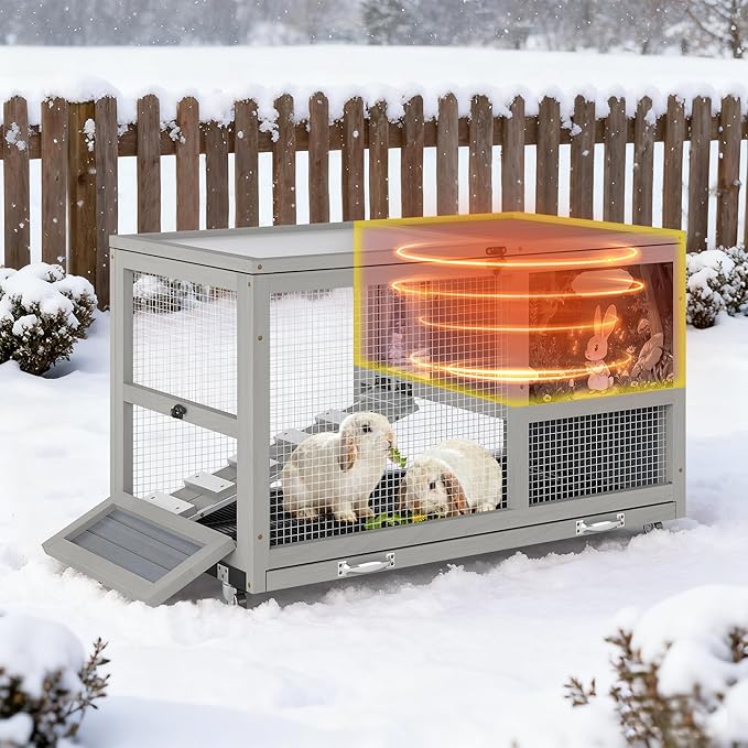 COZIWOW 36.5-Inch Double-Decker Wooden Insulated Rabbit Hutch with Wheels, Heated Rabbit Cage Featuring A Cleaning Tray and Ladder—Stylish&Easy to Assemble（Grey and Warm）