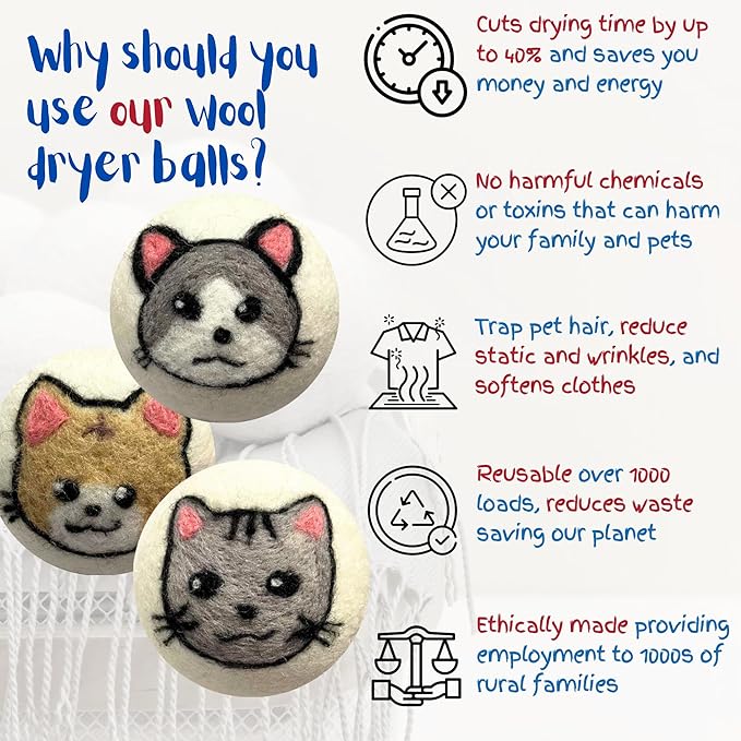 Wool Dryer Balls Organic Premium | 6 Balls XL, Ethically & Humanely Made, Natural Fabric Softener, Laundry Dryer Balls Reusable, Wrinkle Release, Organic Fabric Softener Ball, Say No! to Dryer Sheets